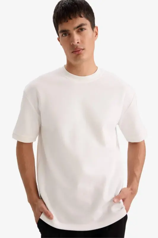 Oversize Wide Fit Crew Neck Basic Plain Short Sleeve White T-Shirt-White - 1