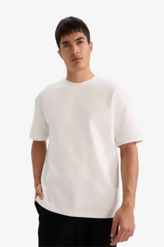 Oversize Wide Fit Crew Neck Basic Plain Short Sleeve White T-Shirt-White - 3