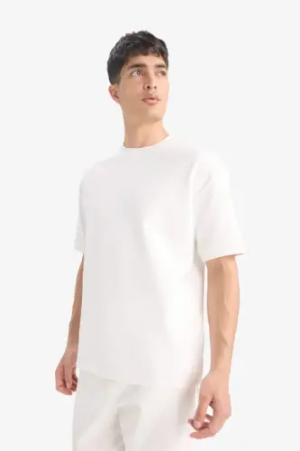 Oversize Wide Fit Crew Neck Basic Plain Short Sleeve White T-Shirt-White - 4