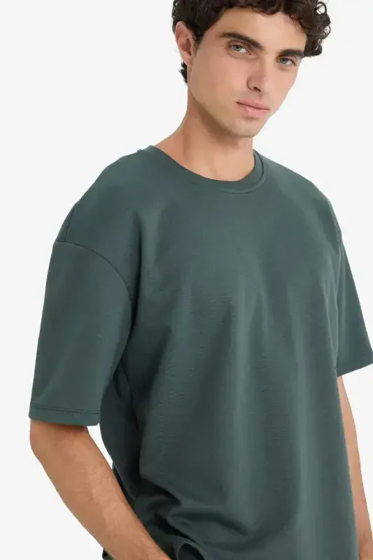 Oversize Wide Fit Crew Neck Short Sleeve Heavy Fabric T-Shirt Dark Petrol - 4