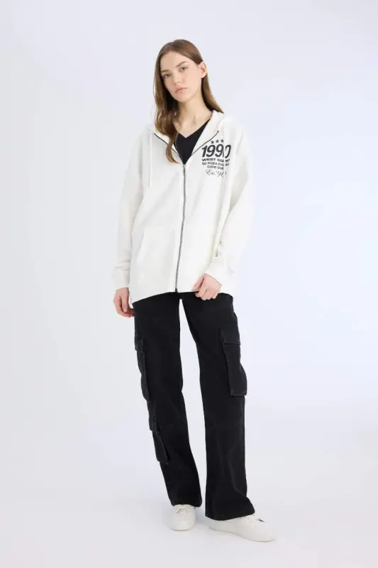 Oversize Wide Fit Hooded Printed Zippered Thick Sweatshirt-Off White - 2