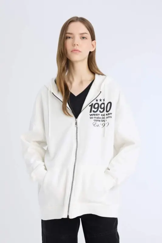 Oversize Wide Fit Hooded Printed Zippered Thick Sweatshirt-Off White - 3