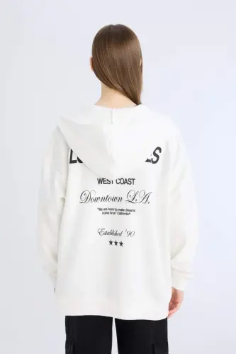 Oversize Wide Fit Hooded Printed Zippered Thick Sweatshirt-Off White - 5