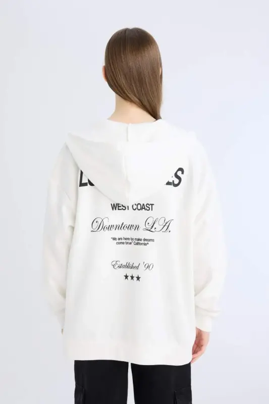Oversize Wide Fit Hooded Printed Zippered Thick Sweatshirt-Off White - 5