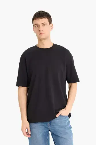 Oversize Wide Fit Iron Free Crew Neck Short Sleeve Basic Plain Heavy Fabric Black T-Shirt-Black - 3