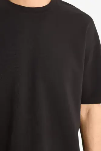 Oversize Wide Fit Iron Free Crew Neck Short Sleeve Basic Plain Heavy Fabric Black T-Shirt-Black - 5