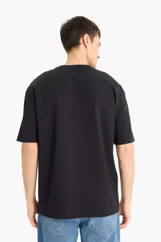 Oversize Wide Fit Iron Free Crew Neck Short Sleeve Basic Plain Heavy Fabric Black T-Shirt-Black - 6