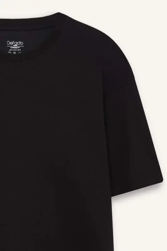 Oversize Wide Fit Iron Free Crew Neck Short Sleeve Basic Plain Heavy Fabric Black T-Shirt-Black - 8