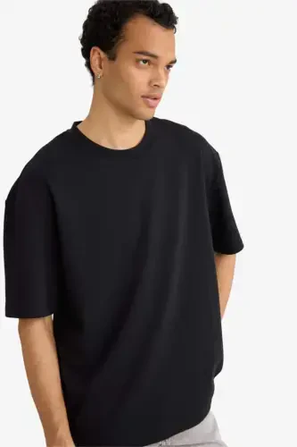 Oversize Wide Fit Iron Free Crew Neck Short Sleeve Basic Plain Heavy Fabric Black T-Shirt-Black - 3