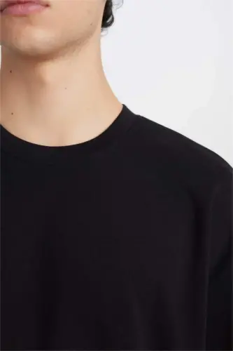 Oversize Wide Fit Iron Free Crew Neck Short Sleeve Basic Plain Heavy Fabric Black T-Shirt-Black - 5