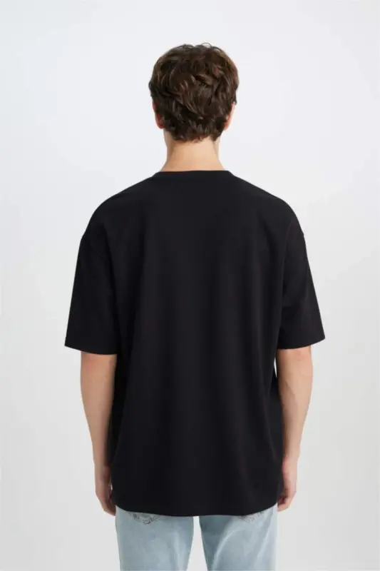 Oversize Wide Fit Iron Free Crew Neck Short Sleeve Basic Plain Heavy Fabric Black T-Shirt-Black - 6