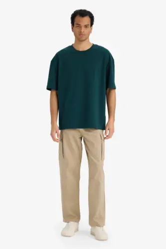Oversize Wide Fit Iron-Free Crew Neck Short Sleeve Basic Plain Heavy Fabric T-Shirt-Dark Green - 2