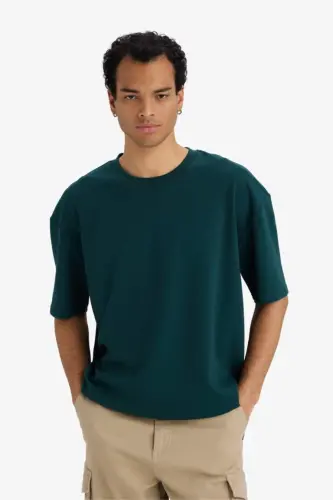 Oversize Wide Fit Iron-Free Crew Neck Short Sleeve Basic Plain Heavy Fabric T-Shirt-Dark Green - 3