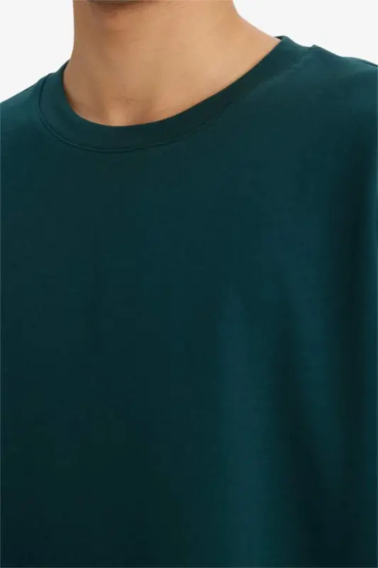 Oversize Wide Fit Iron-Free Crew Neck Short Sleeve Basic Plain Heavy Fabric T-Shirt-Dark Green - 4