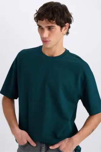 Oversize Wide Fit Iron-Free Crew Neck Short Sleeve Basic Plain Heavy Fabric T-Shirt-Dark Green 
