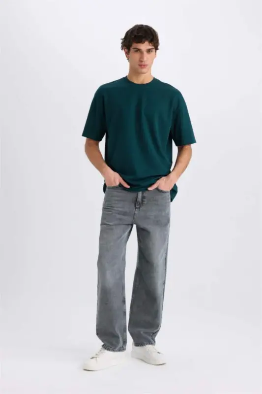 Oversize Wide Fit Iron-Free Crew Neck Short Sleeve Basic Plain Heavy Fabric T-Shirt-Dark Green - 2