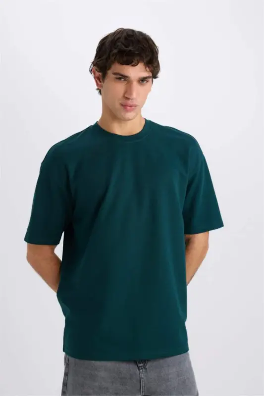 Oversize Wide Fit Iron-Free Crew Neck Short Sleeve Basic Plain Heavy Fabric T-Shirt-Dark Green - 3