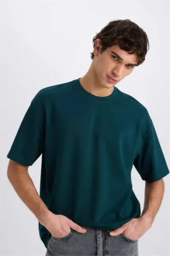 Oversize Wide Fit Iron-Free Crew Neck Short Sleeve Basic Plain Heavy Fabric T-Shirt-Dark Green - 4