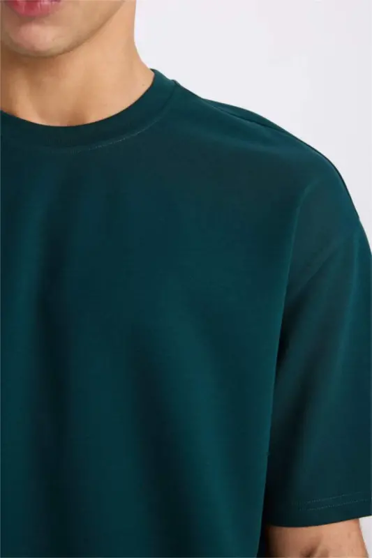 Oversize Wide Fit Iron-Free Crew Neck Short Sleeve Basic Plain Heavy Fabric T-Shirt-Dark Green - 5