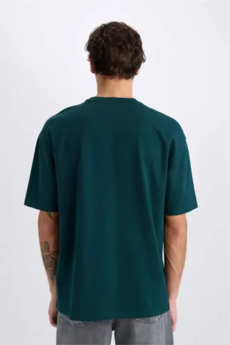 Oversize Wide Fit Iron-Free Crew Neck Short Sleeve Basic Plain Heavy Fabric T-Shirt-Dark Green - 6