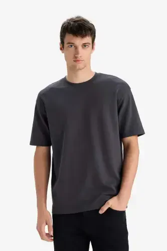 Oversize Wide Fit Non-Iron Crew Neck Short Sleeve Basic Plain Heavy Fabric T-Shirt-Anthracite - 3