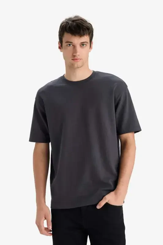 Oversize Wide Fit Non-Iron Crew Neck Short Sleeve Basic Plain Heavy Fabric T-Shirt-Anthracite - 3