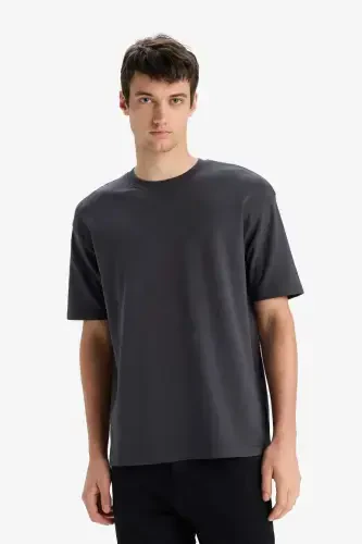 Oversize Wide Fit Non-Iron Crew Neck Short Sleeve Basic Plain Heavy Fabric T-Shirt-Anthracite - 4