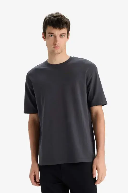 Oversize Wide Fit Non-Iron Crew Neck Short Sleeve Basic Plain Heavy Fabric T-Shirt-Anthracite - 4