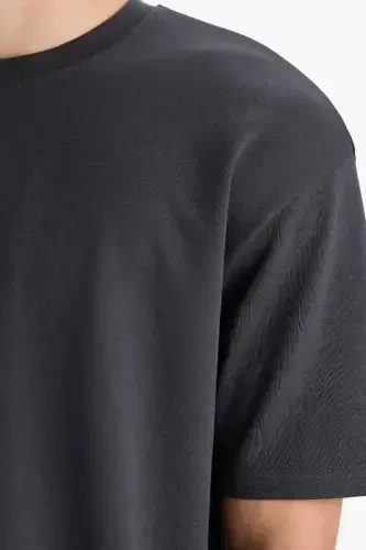 Oversize Wide Fit Non-Iron Crew Neck Short Sleeve Basic Plain Heavy Fabric T-Shirt-Anthracite - 5
