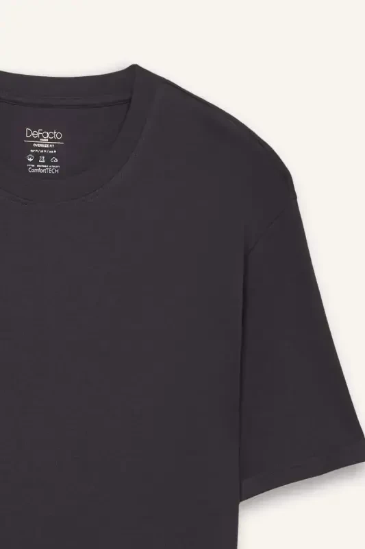 Oversize Wide Fit Non-Iron Crew Neck Short Sleeve Basic Plain Heavy Fabric T-Shirt-Anthracite - 8