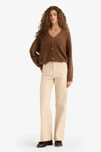 Oversize Wide Fit V-Neck Knit Cardigan-Brown - DEFACTO (1)