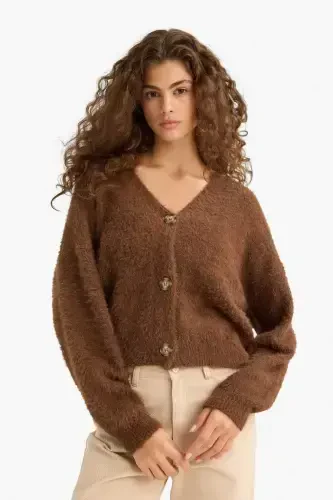 Oversize Wide Fit V-Neck Knit Cardigan-Brown - 4