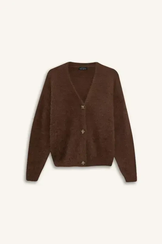 Oversize Wide Fit V-Neck Knit Cardigan-Brown - 7