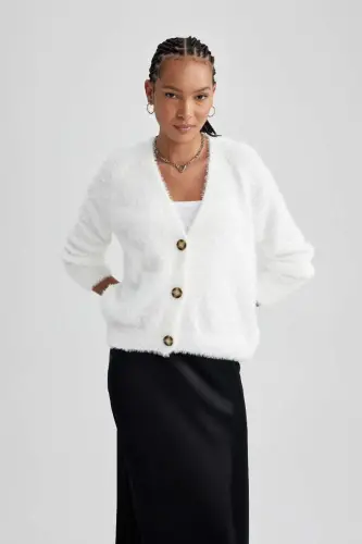 Oversize Wide Fit V-Neck Knit Cardigan-Ecru - 3