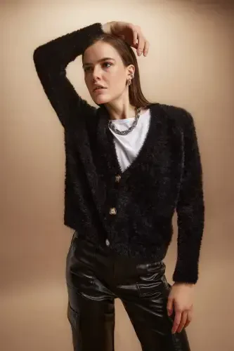 Oversize Wide Fit V-Neck Knitted Cardigan-Black - 5