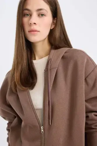 Oversize Wide Leg Hooded Pocketed Basic Plain Zippered Sweatshirt-Coffee - 3