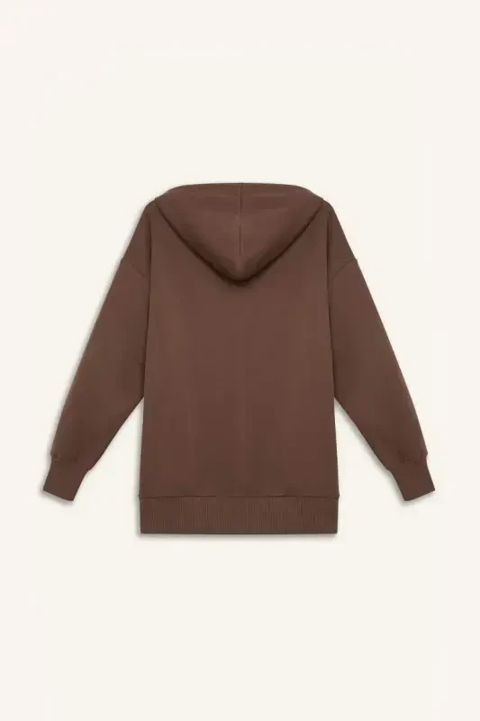 Oversize Wide Leg Hooded Pocketed Basic Plain Zippered Sweatshirt-Coffee - 8