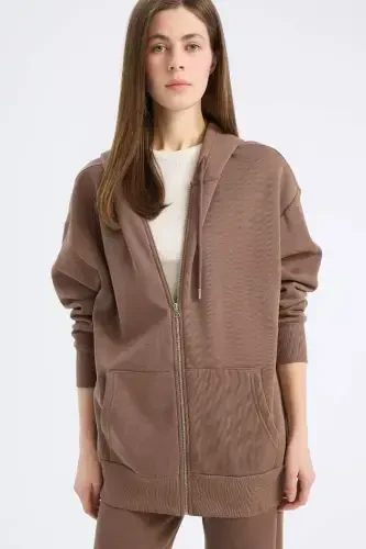 Oversize Wide Leg Hooded Pocketed Basic Plain Zippered Sweatshirt-Coffee - 9