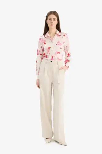 Oversize Wide Leg Patterned Satin Long Sleeve Shirt-Ecru - DEFACTO (1)