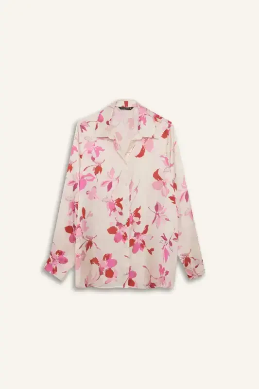 Oversize Wide Leg Patterned Satin Long Sleeve Shirt-Ecru - 8