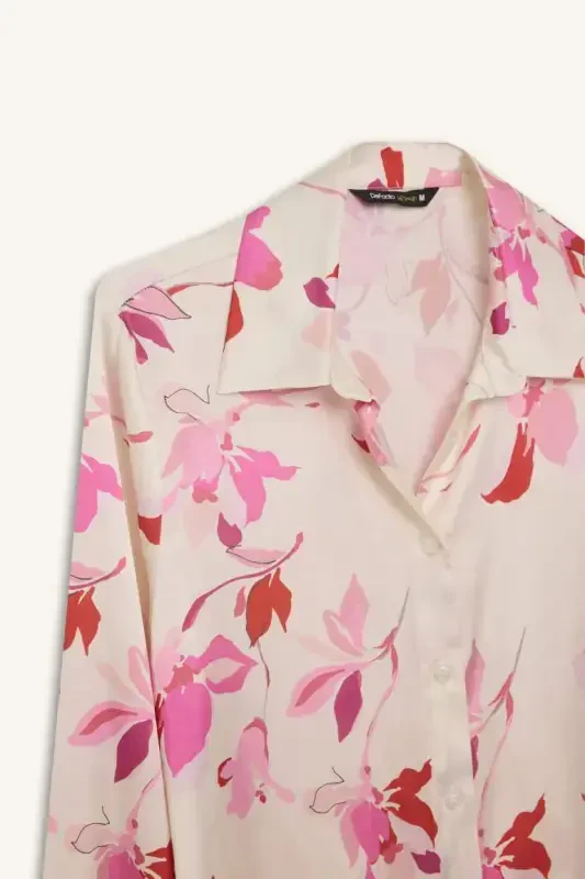 Oversize Wide Leg Patterned Satin Long Sleeve Shirt-Ecru - 9