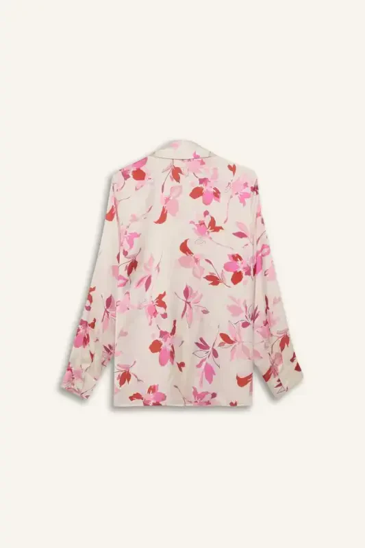 Oversize Wide Leg Patterned Satin Long Sleeve Shirt-Ecru - 10