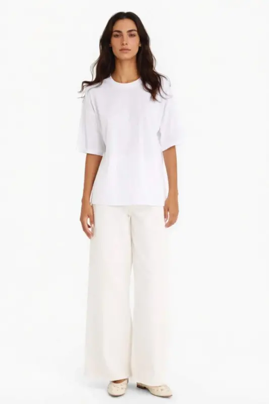 Oversize Wide Mold Bicycle Collar Basic Plain Combed Cotton Short Sleeve T-Shirt-White - 2