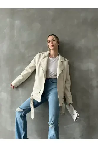 Oversize Women's Long Biker Leather Jacket-cream - 1