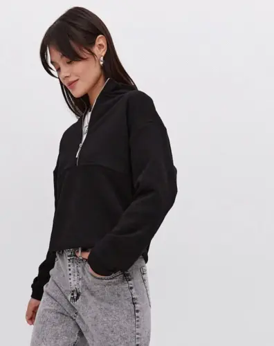 Oversize Yarım Farmuarlı Yakalı Basic SweatShirt - Siyah - BÜYÜKBEDENIZ (1)