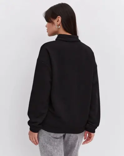 Oversize Yarım Farmuarlı Yakalı Basic SweatShirt - Siyah - 4