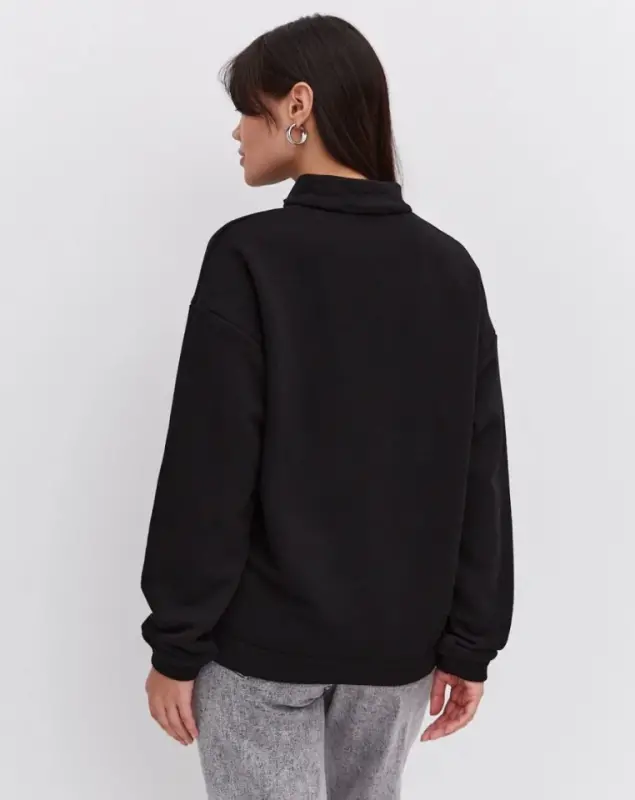 Oversize Yarım Farmuarlı Yakalı Basic SweatShirt - Siyah - 4
