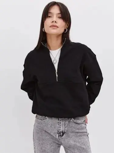 Oversize Yarım Farmuarlı Yakalı Basic SweatShirt - Siyah - BÜYÜKBEDENIZ
