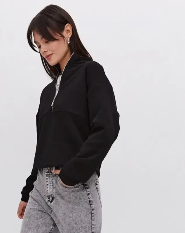 Oversize Yarım Farmuarlı Yakalı Basic SweatShirt - Siyah - 2