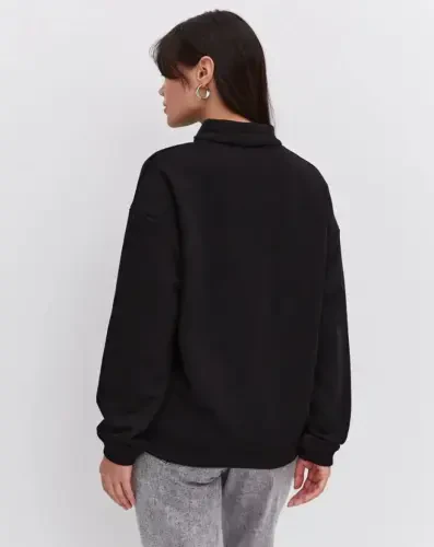Oversize Yarım Farmuarlı Yakalı Basic SweatShirt - Siyah - 4
